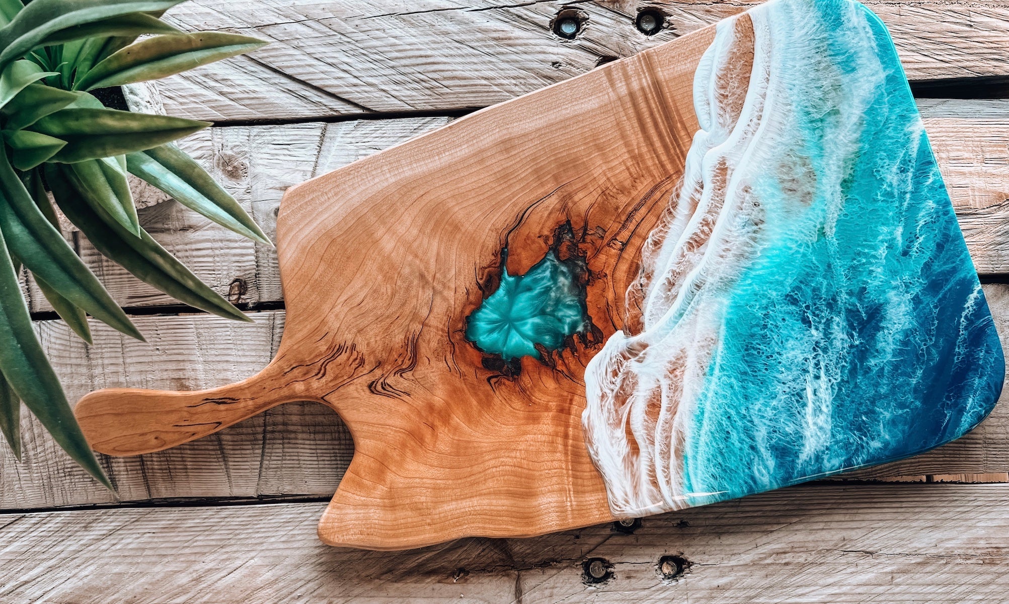 live edge beach epoxy cheeseboard with handle