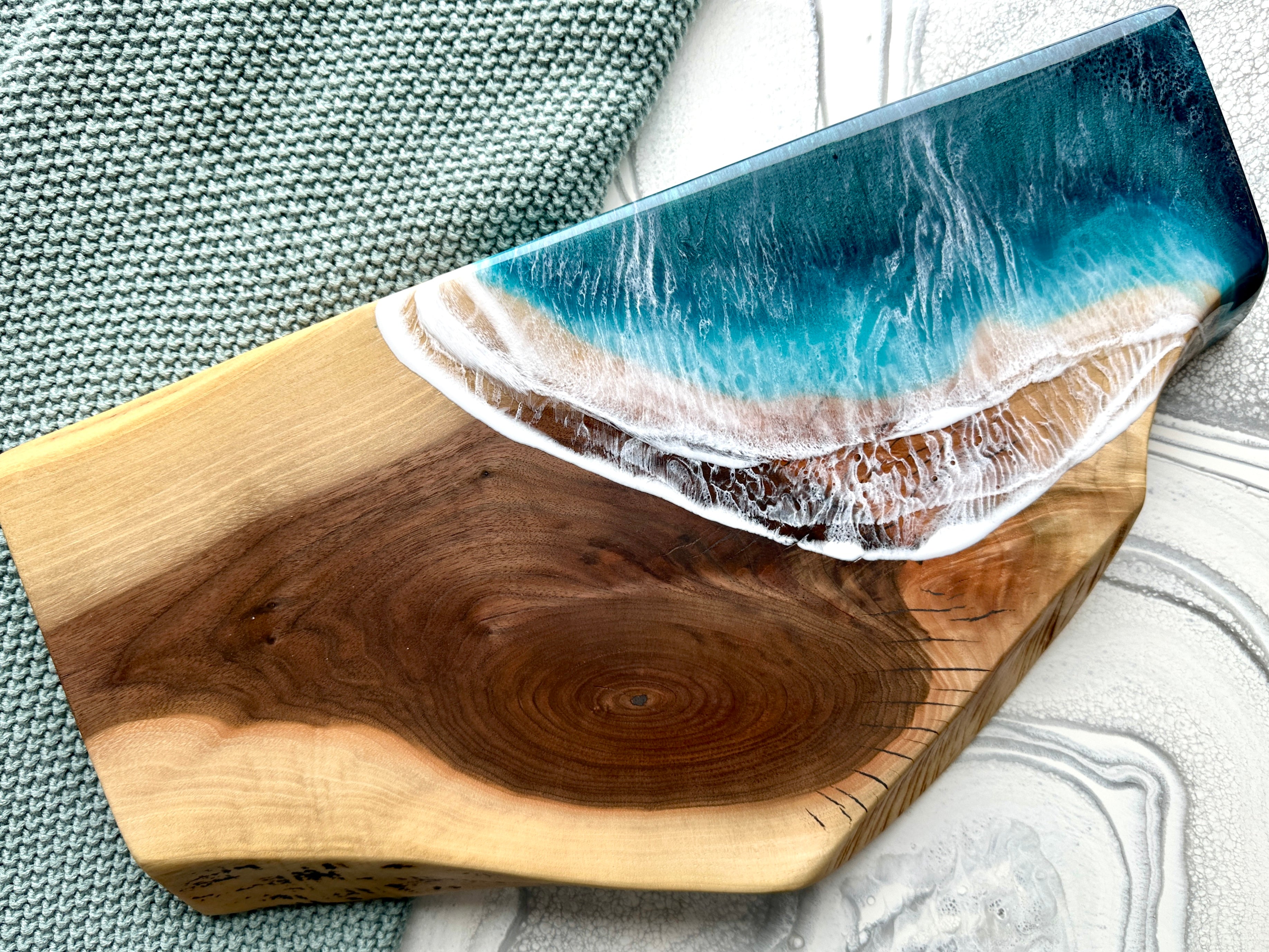 Black Walnut Live Edge Cheeseboard with Epoxy Beach Waves - 19
