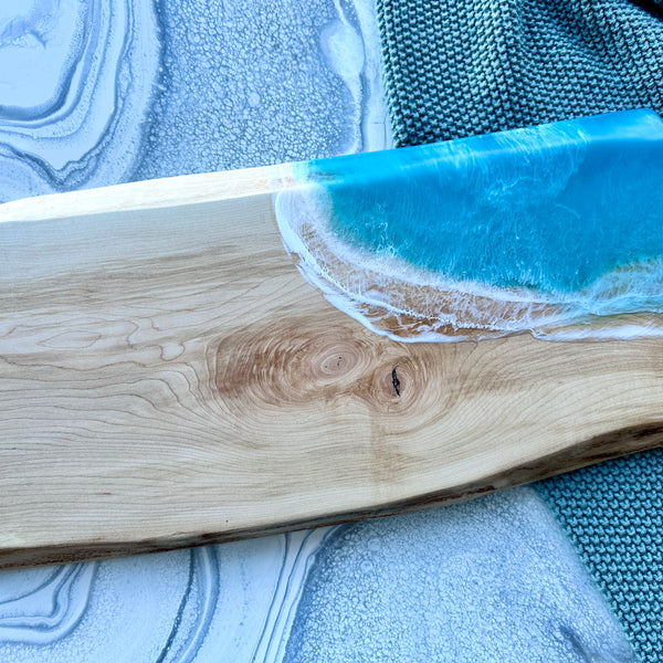Sugar Maple Live Edge Cheeseboard with Epoxy Beach Waves - 20" x 9"