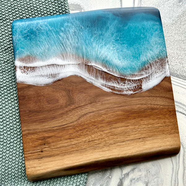 Black Walnut Live Edge Cheeseboard with Epoxy Beach Waves - 13" x 12.5"