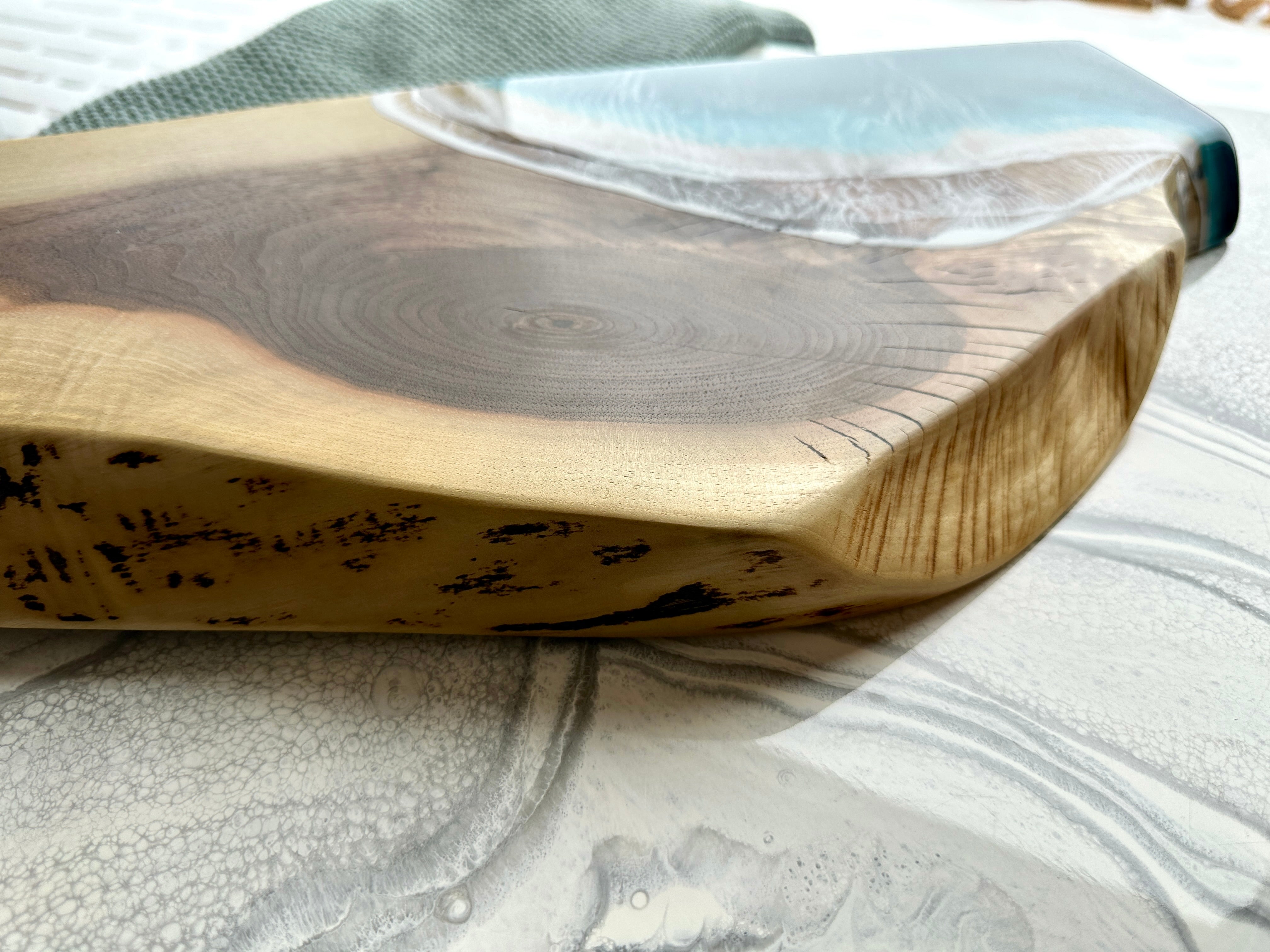 Black Walnut Live Edge Cheeseboard with Epoxy Beach Waves - 19