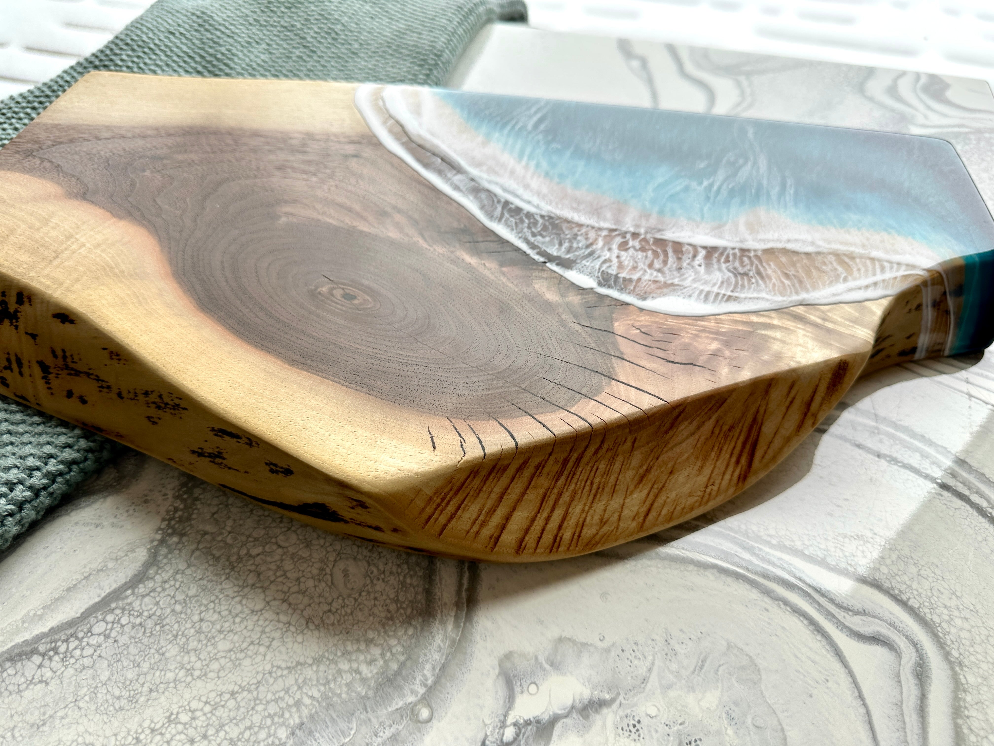 Black Walnut Live Edge Cheeseboard with Epoxy Beach Waves - 19