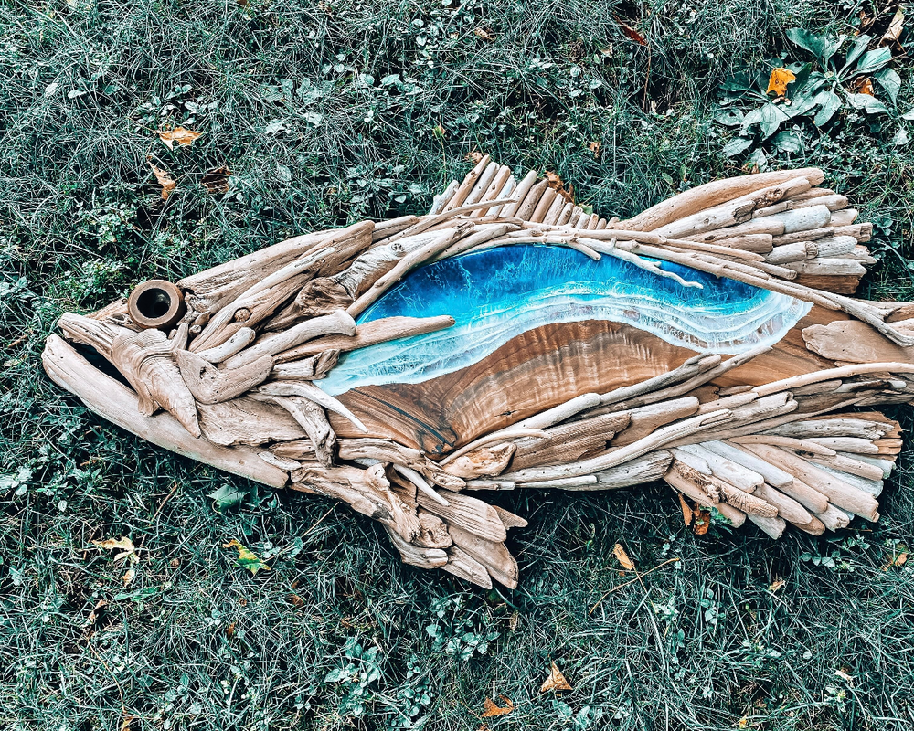 picture of driftwood and epoxy art wall hanging of a bass fish