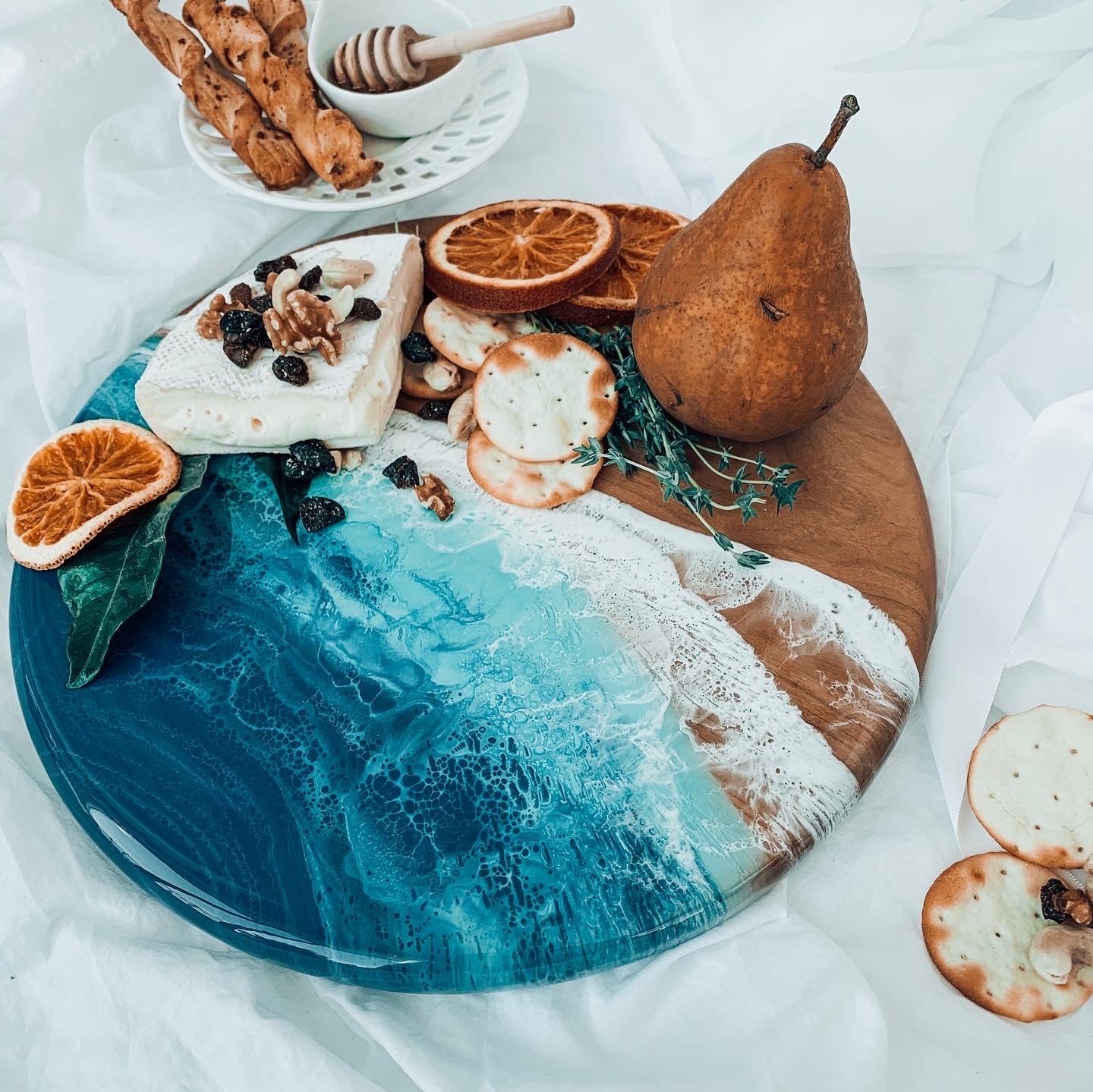 Black Walnut Live Edge Cheeseboard with Epoxy Beach Waves - 32